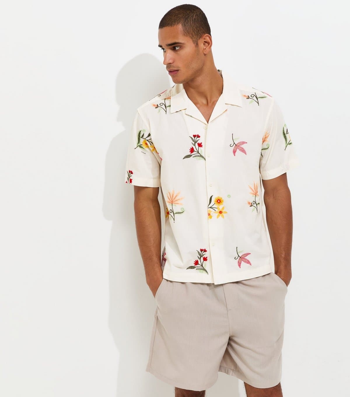 Only and Sons Men's White Floral Embroidered Short Sleeve Shirt Only and Sons New Look
