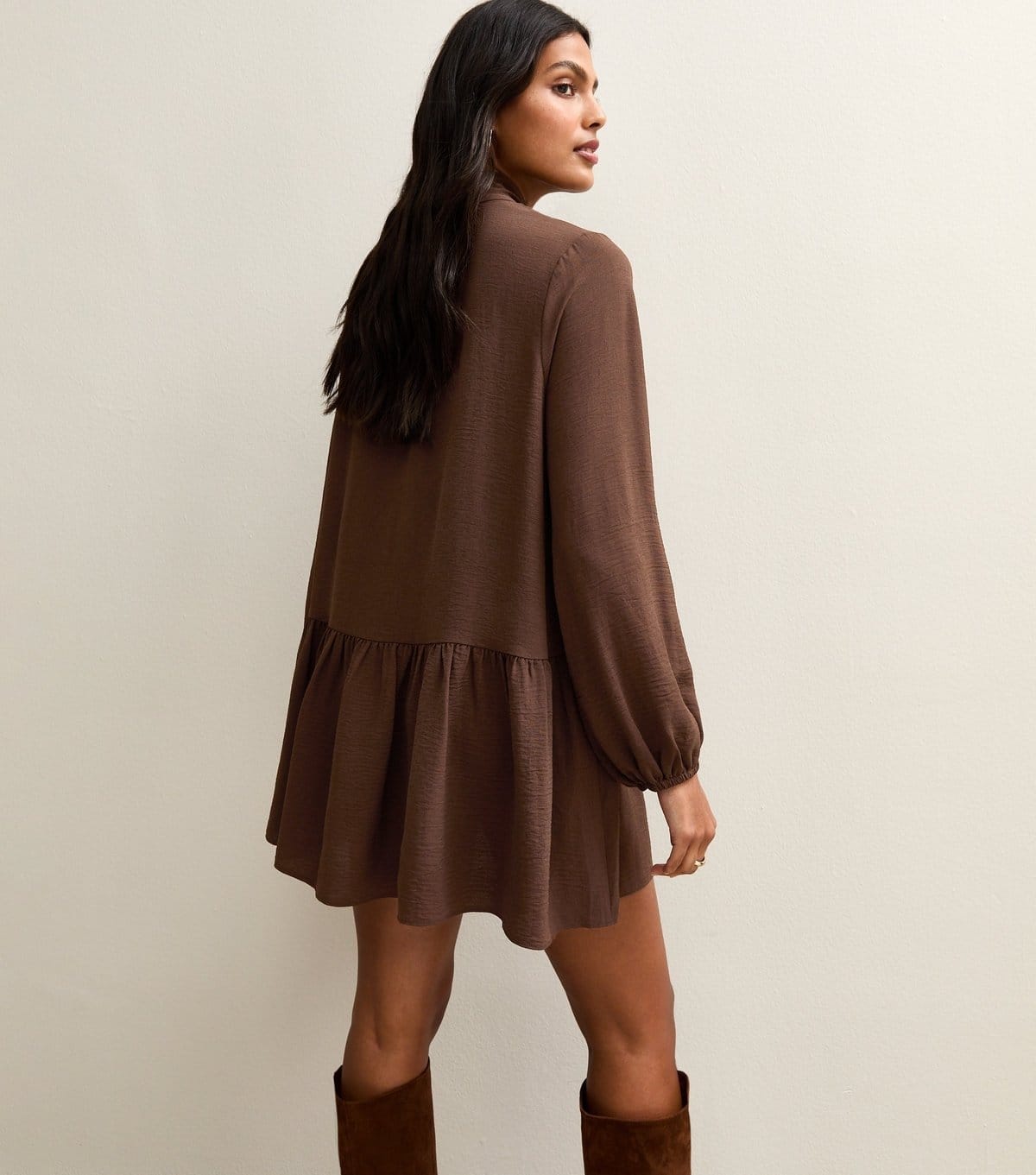 New Look Women's Dark Brown Tie Neck Smock Mini Dress New Look - 4