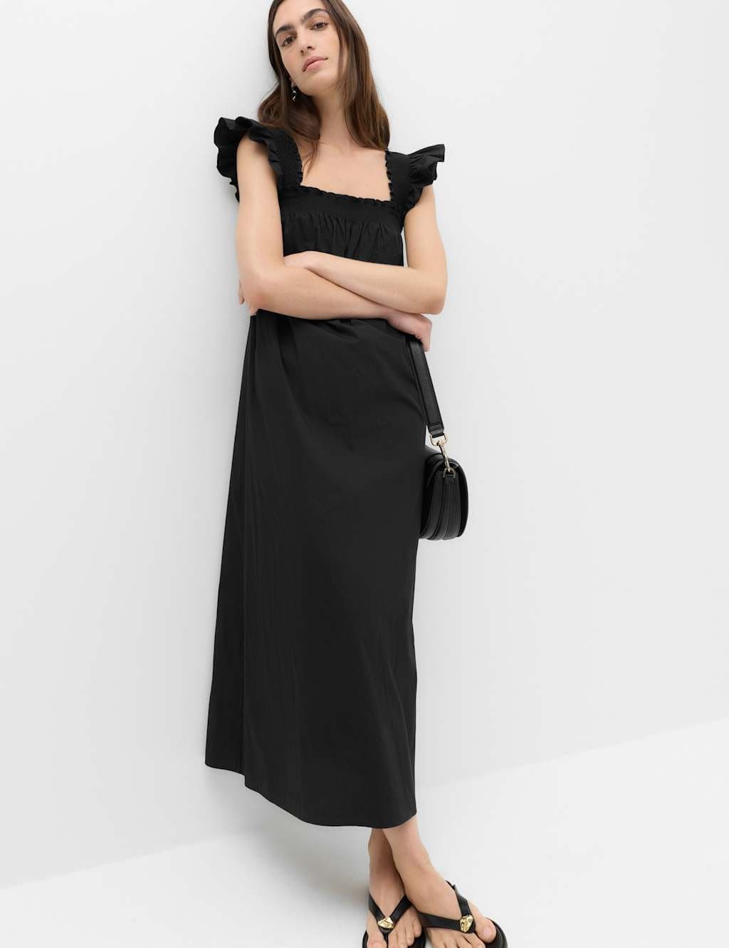 Marks & Spencer M&S Pure Cotton Shirred Midaxi Smock Dress Black