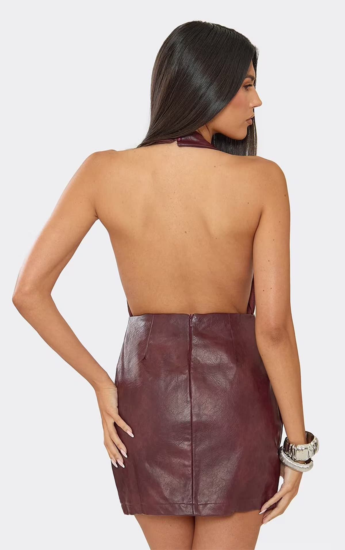EGO Halterneck Lace Up Mini Dress In Burgundy Pu, Women's Size UK 8