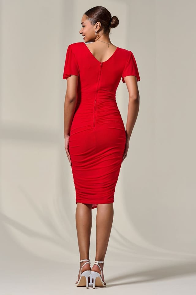Jolie Moi Jolie Moi Women's Ruched Mesh Bodycon Dress in Red - 2