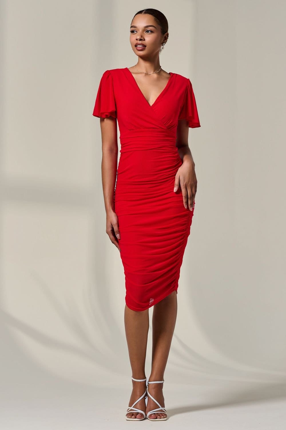 Jolie Moi Jolie Moi Women's Ruched Mesh Bodycon Dress in Red - 4
