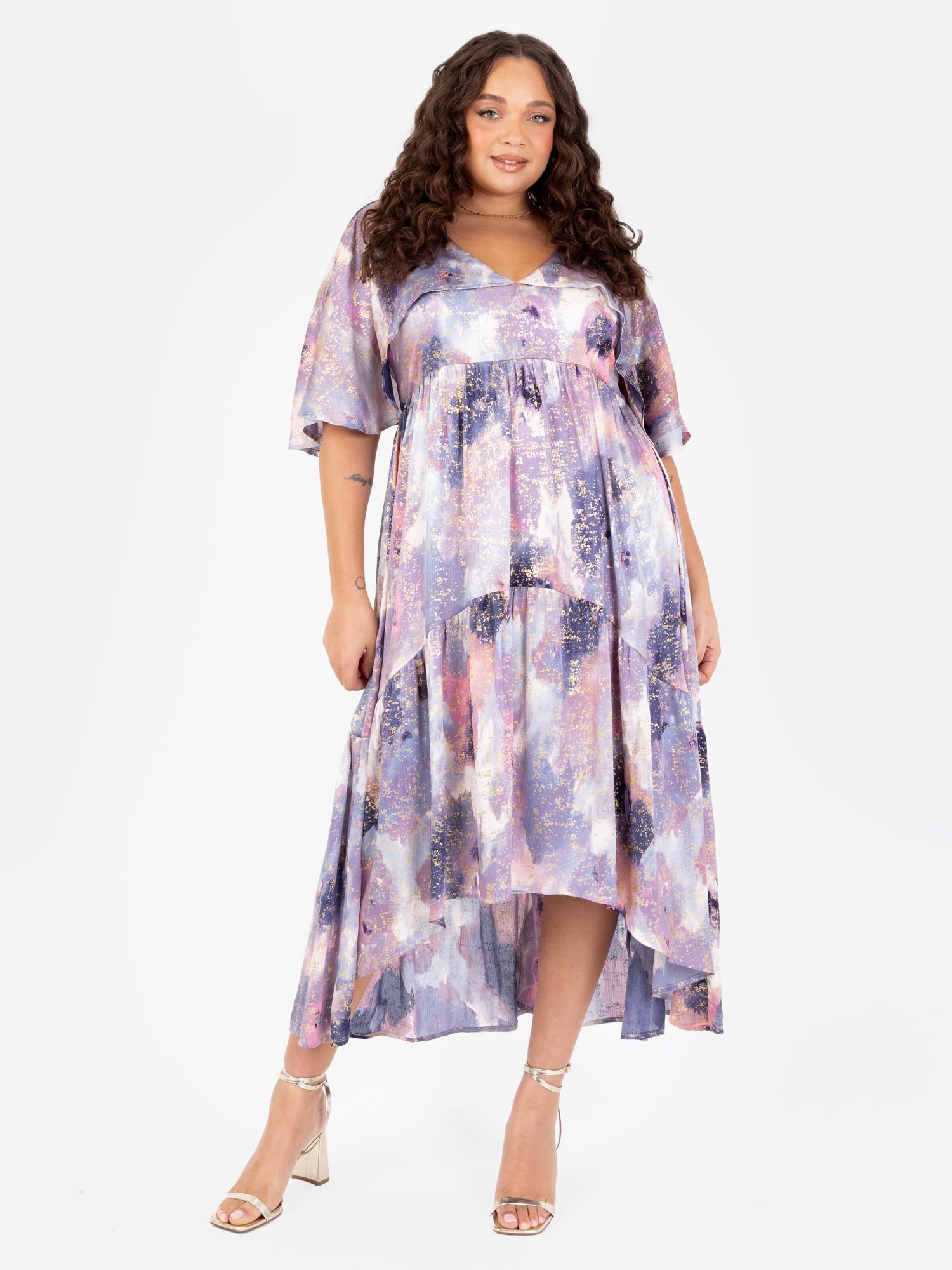 Lovedrobe Lovedrobe Women's Cape Sleeve High-Low Tiered Dress in Purple - 4