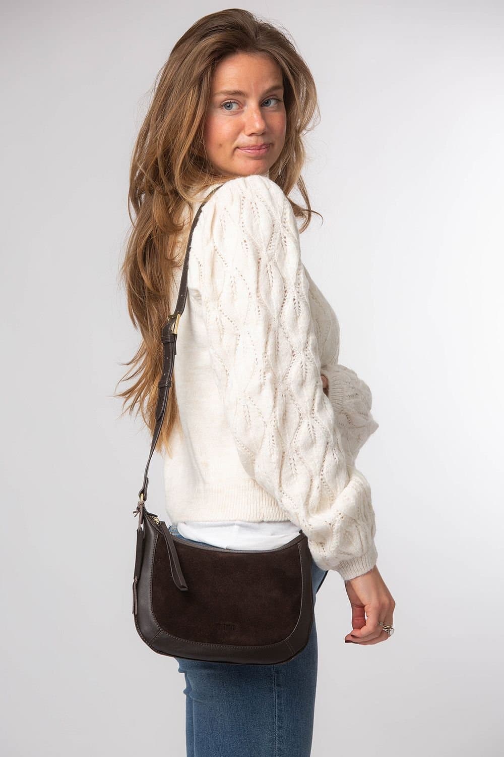 Cultured London Cultured London Women's 'Roisin' Suede & Leather Cross Body Bag in Dark Brown