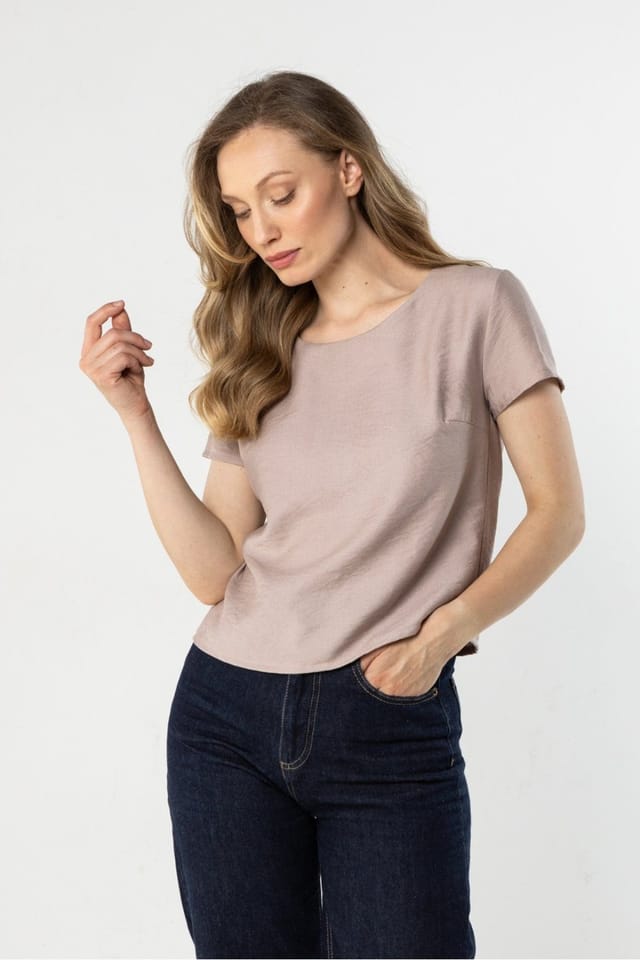 Love Lace Love Lace Women's Satin Finish Loose Light Blouse with Round Neck in Beige - 2