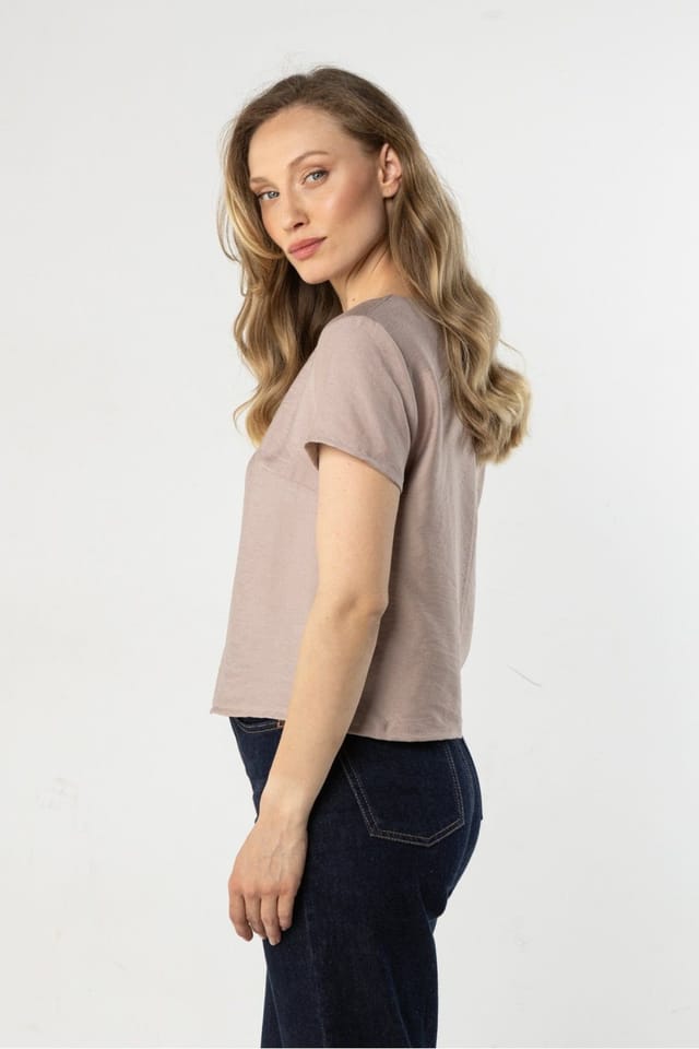 Love Lace Love Lace Women's Satin Finish Loose Light Blouse with Round Neck in Beige - 3