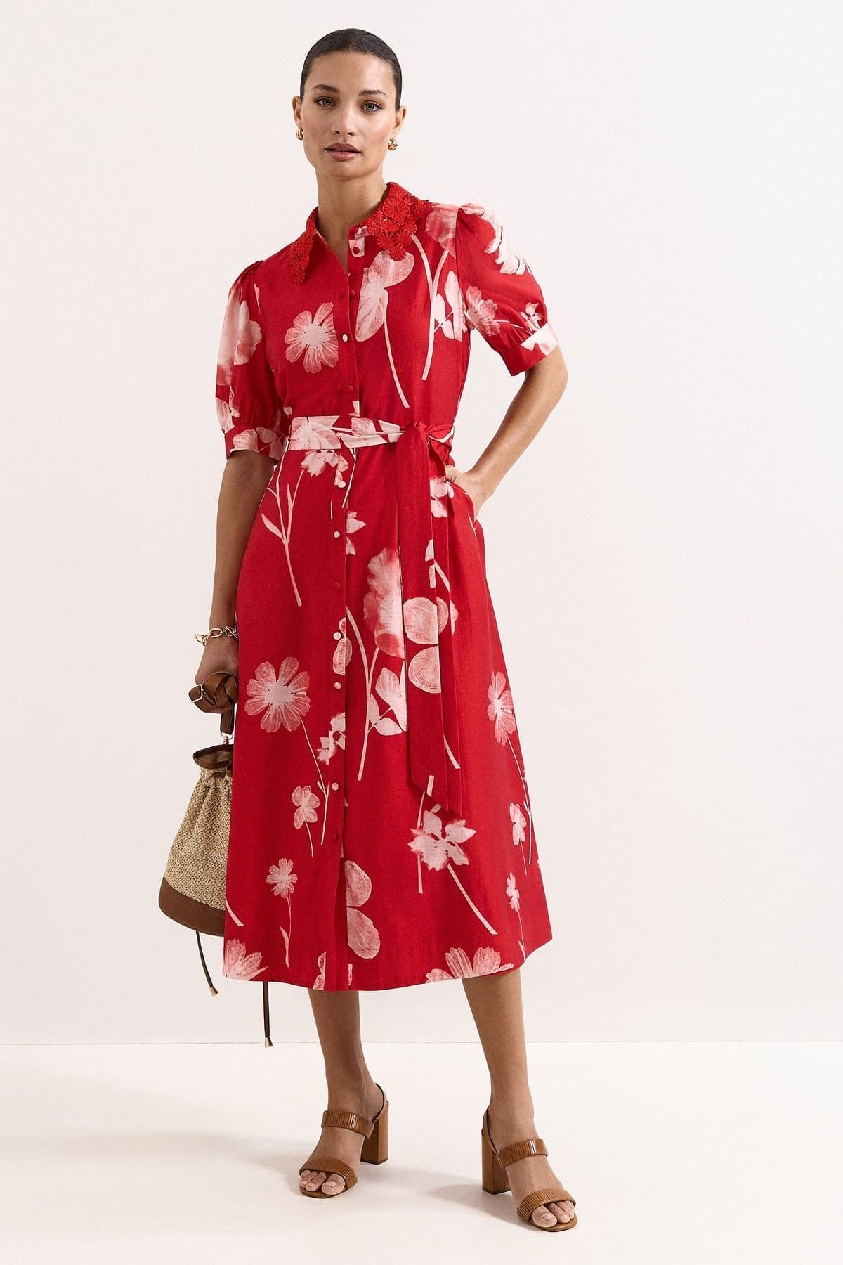 Phase Eight Phase Eight Women's Delphine Midi Red Dress, Self-Tie Waist in Scarlet