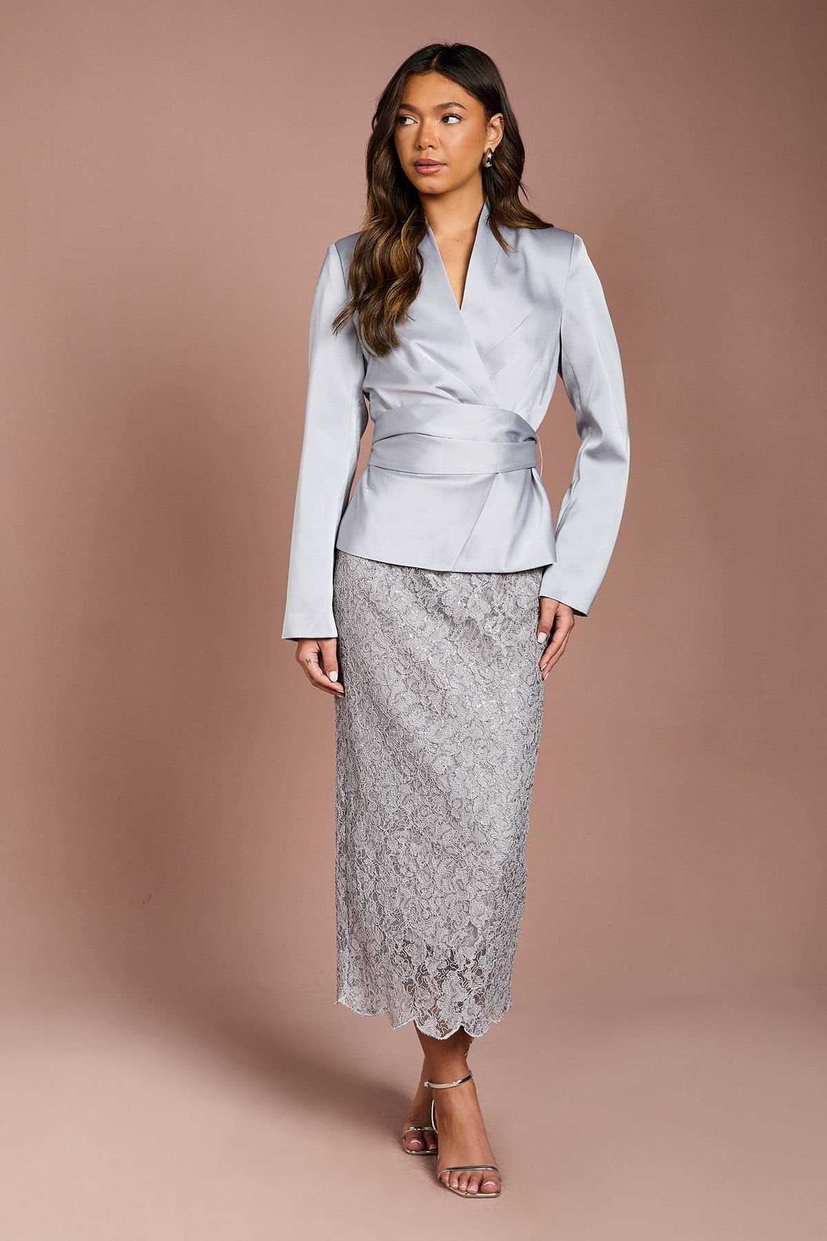 Coast Coast Women's Lace Sequin Pencil Skirt in Silver