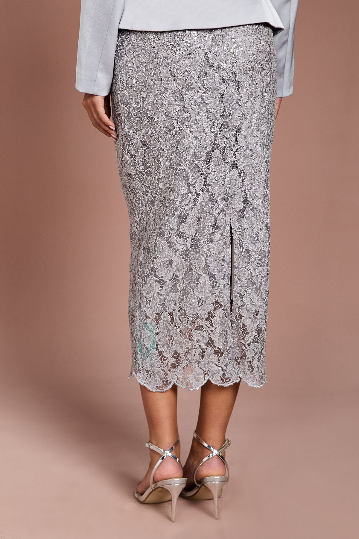 Coast Coast Women's Lace Sequin Pencil Skirt in Silver - 3