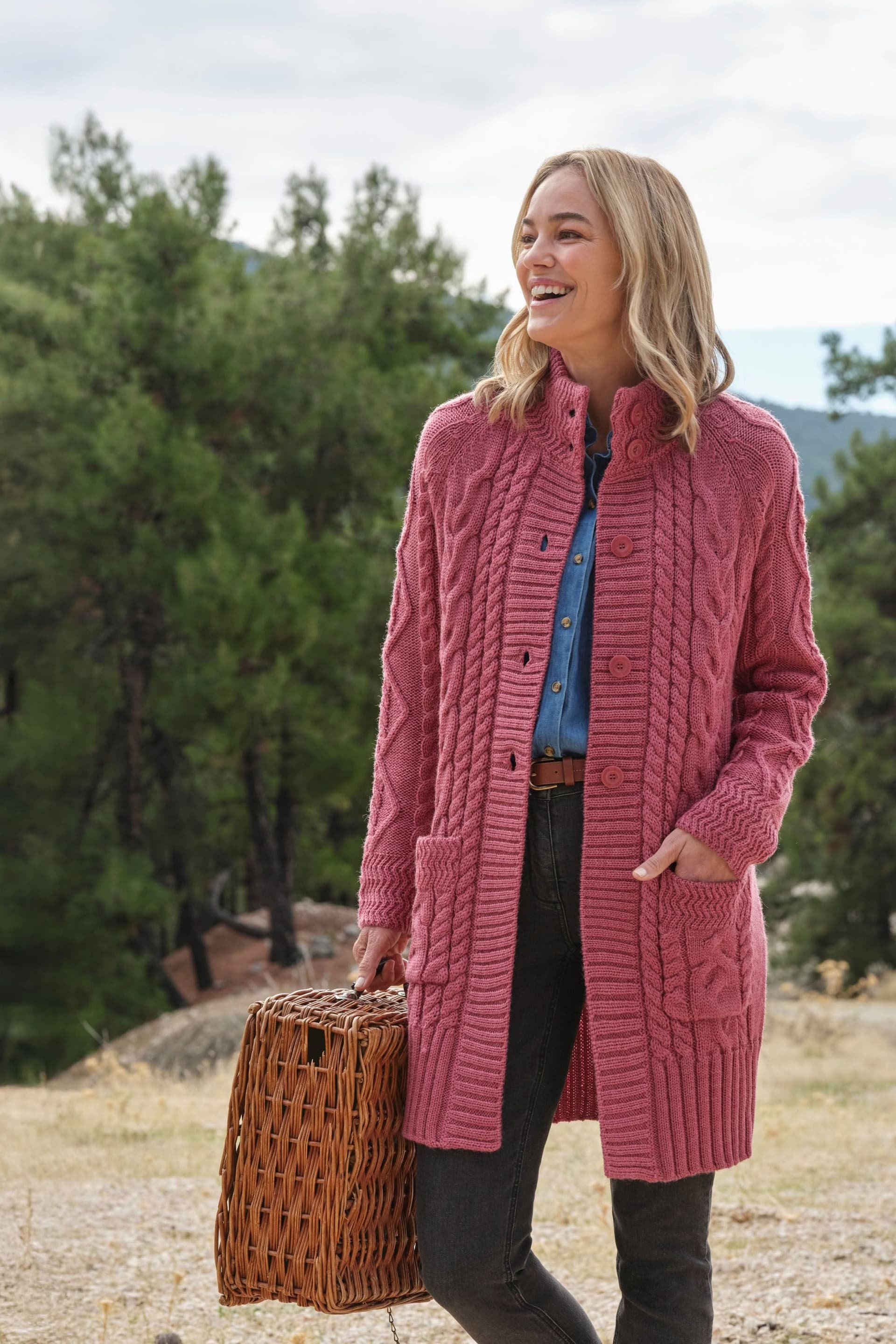 WoolOvers WoolOvers Women's Pure Wool Aran Coatigan in Pink