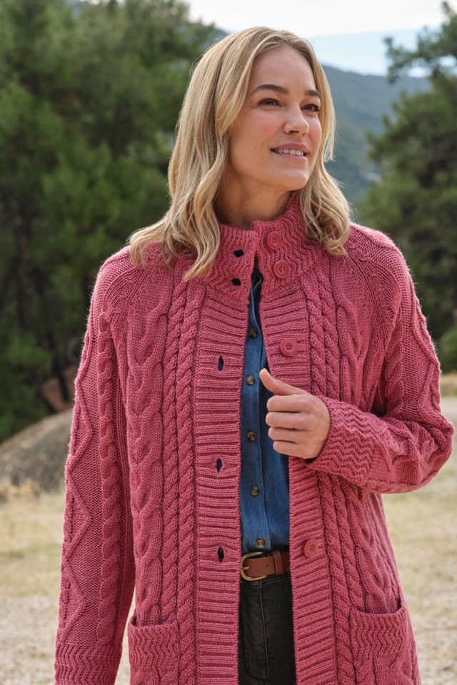 WoolOvers WoolOvers Women's Pure Wool Aran Coatigan in Pink - 2