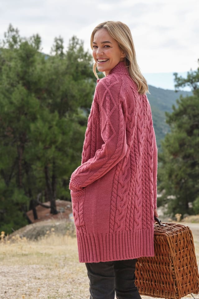 WoolOvers WoolOvers Women's Pure Wool Aran Coatigan in Pink - 3