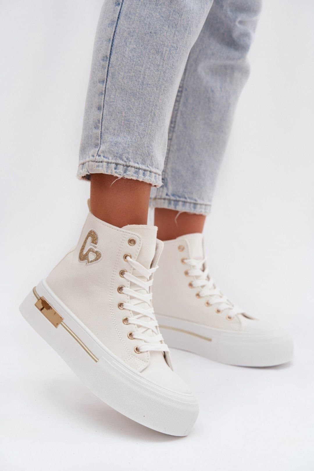 Love Lace Love Lace White Platform Sneakers with Gold Detail