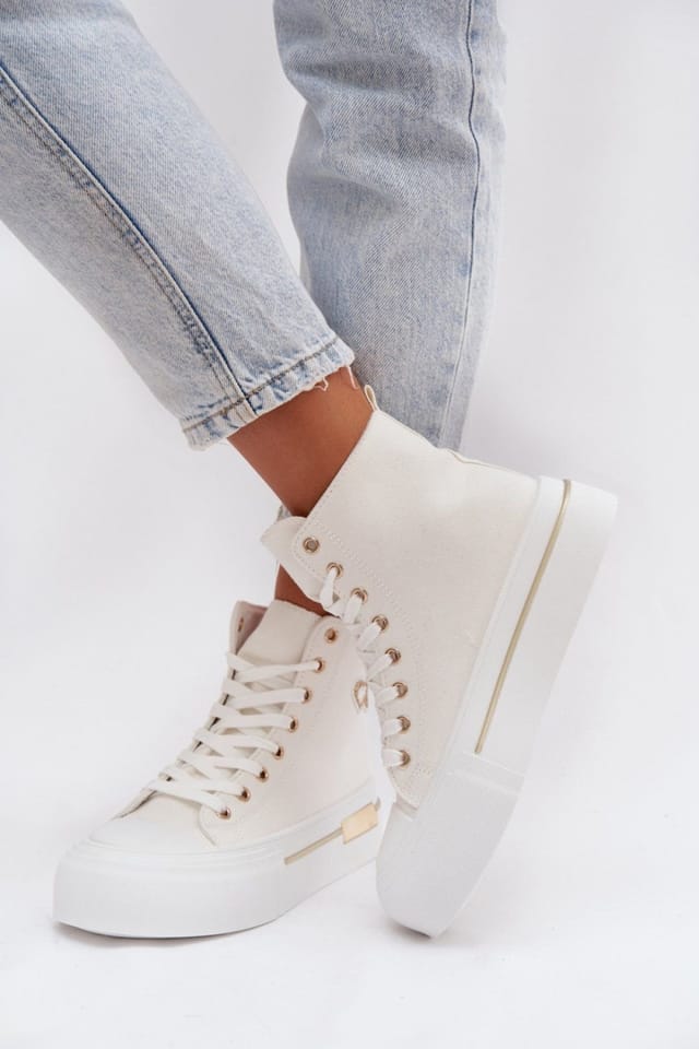 Love Lace Love Lace Women's Platform Sneakers with Gold Detail & Decorative Patch in White - 3