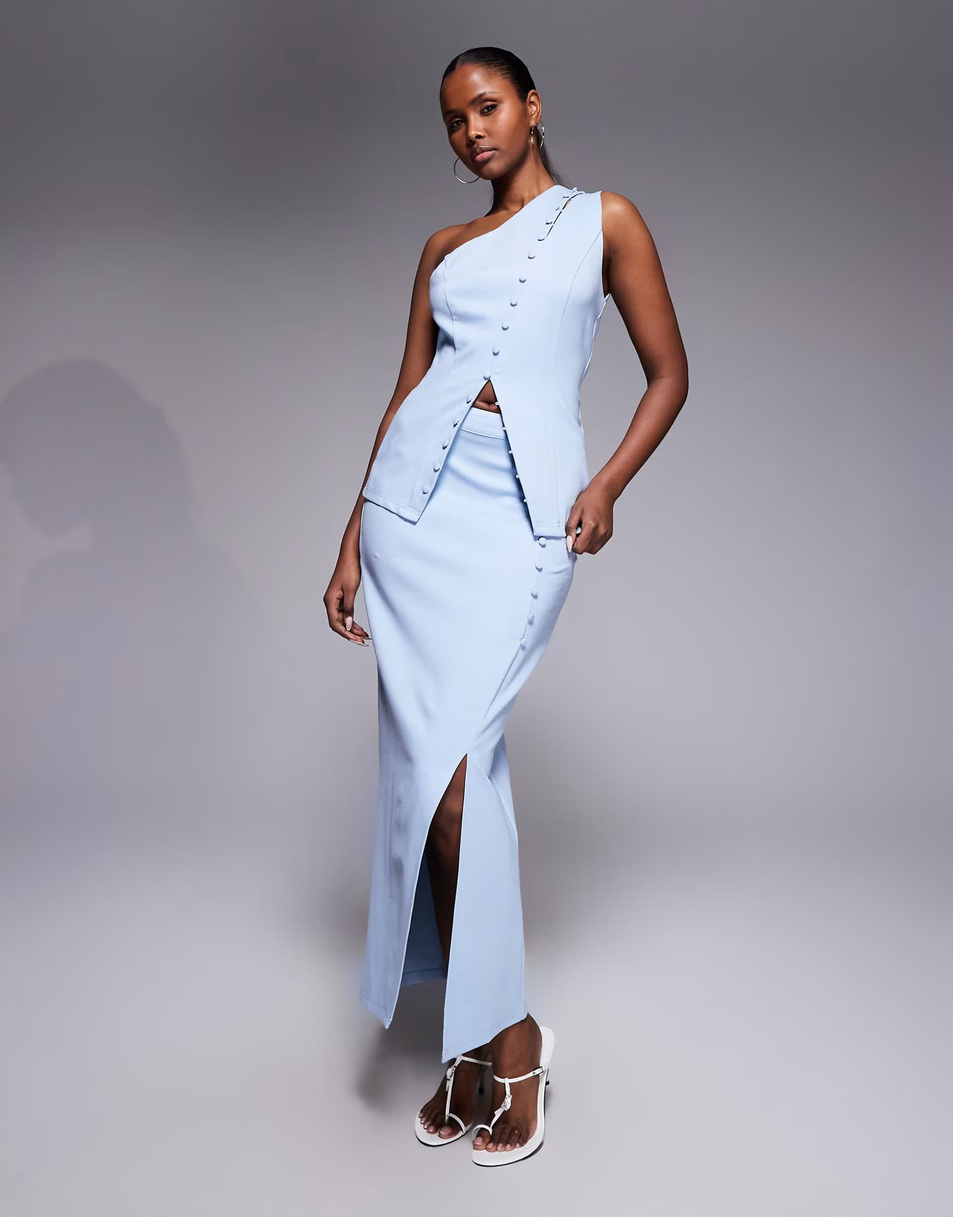 ASOS Kaiia exclusive structured split front button detail maxi skirt co-ord in blue
