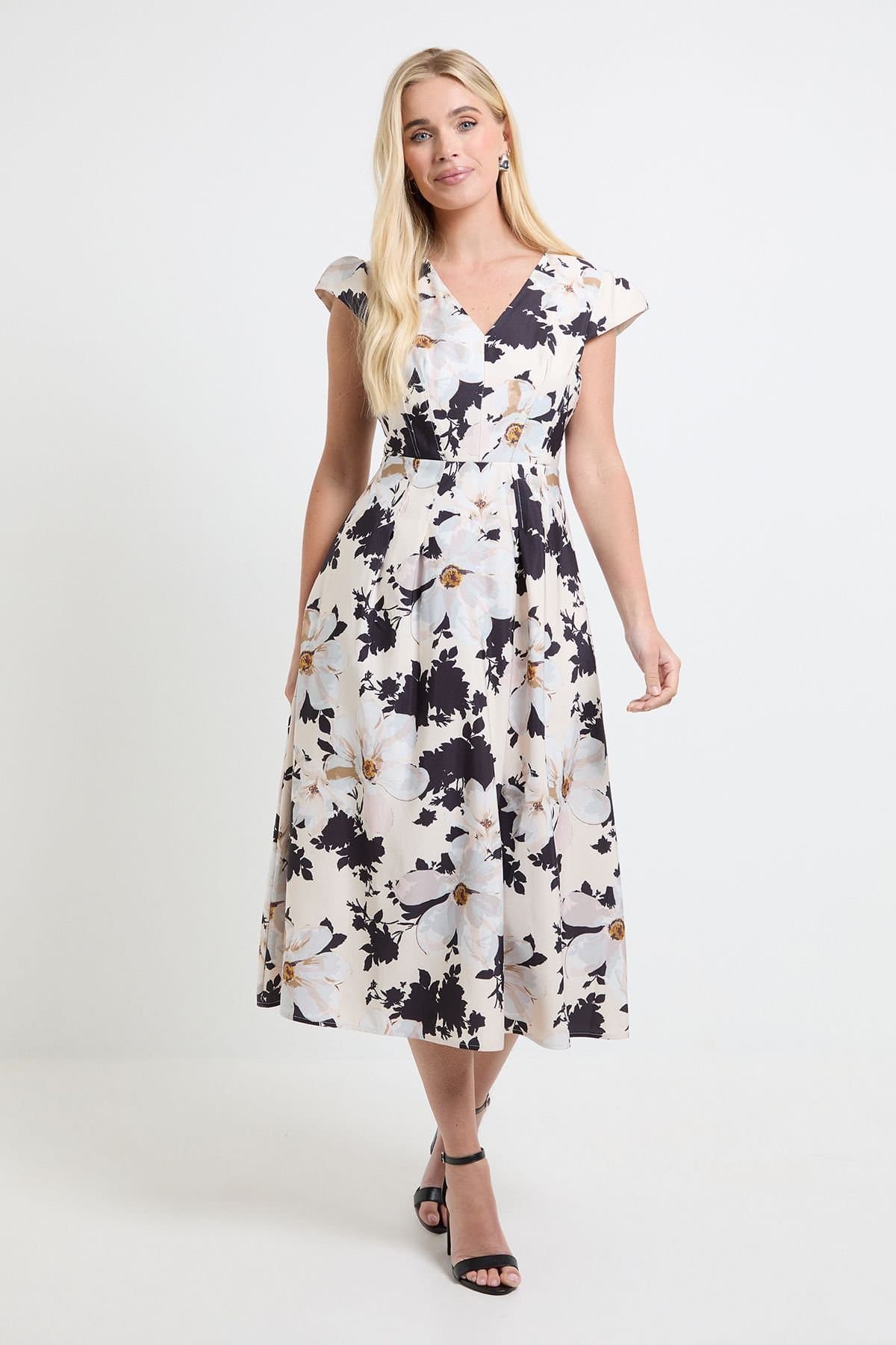 Wallis Wallis Women's Petite Floral Ottoman Twill Midi Dress in Ivory