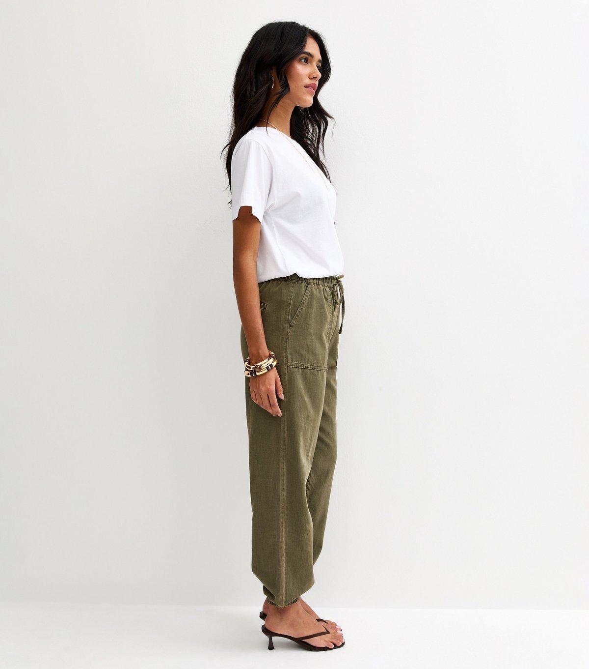 New Look Women's Dark Khaki Cotton Tapered Cargo Trousers New Look - 3