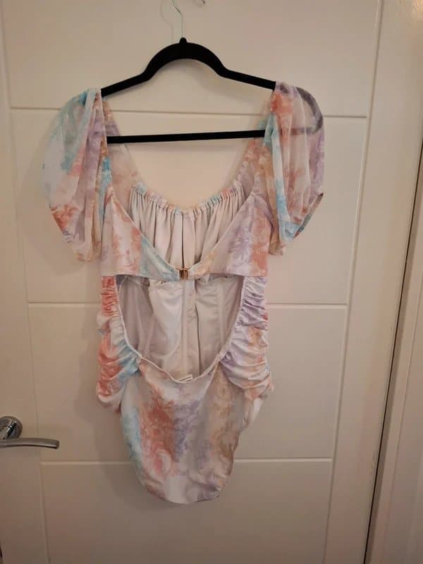 ASOS Asos Luxe ladies white&multi-coloured floral patterned modern ruched swimming costume size 16