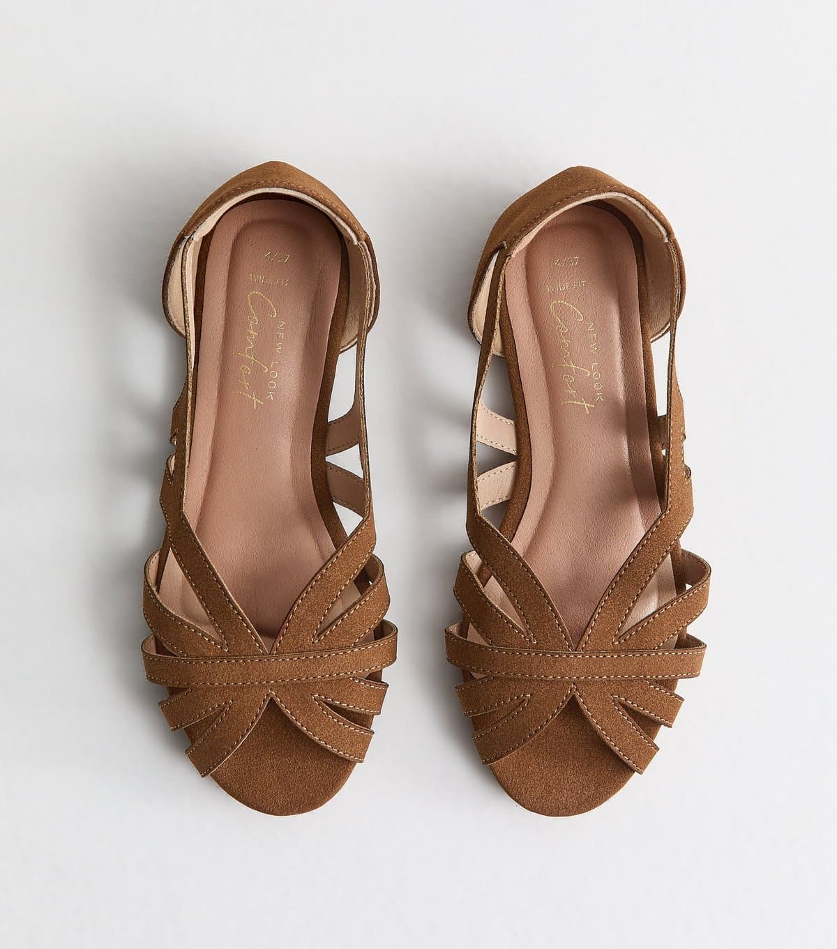 New Look Women's Wide Fit Tan Faux Suede Peep Toe Flats Vegan New Look