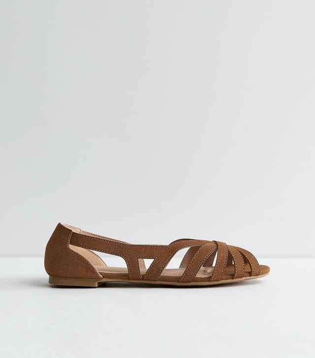 New Look Women's Wide Fit Tan Faux Suede Peep Toe Flats Vegan New Look - 3
