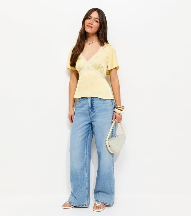 New Look Women's Petite Yellow Lace Trimmed Flutter Sleeve Satin Top New Look - 3