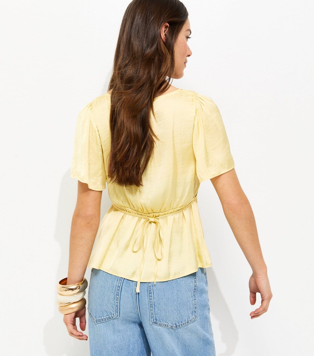 New Look Women's Petite Yellow Lace Trimmed Flutter Sleeve Satin Top New Look - 4