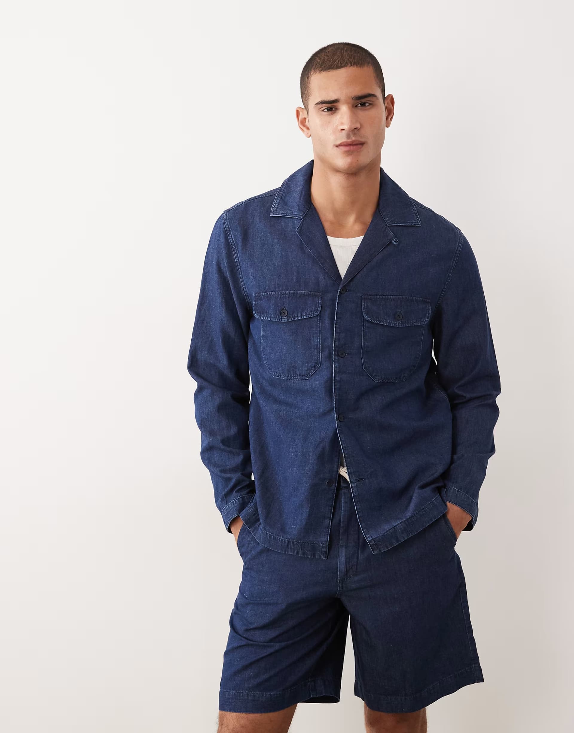 ASOS Mango 100% linen long sleeve denim look shirt in blue
