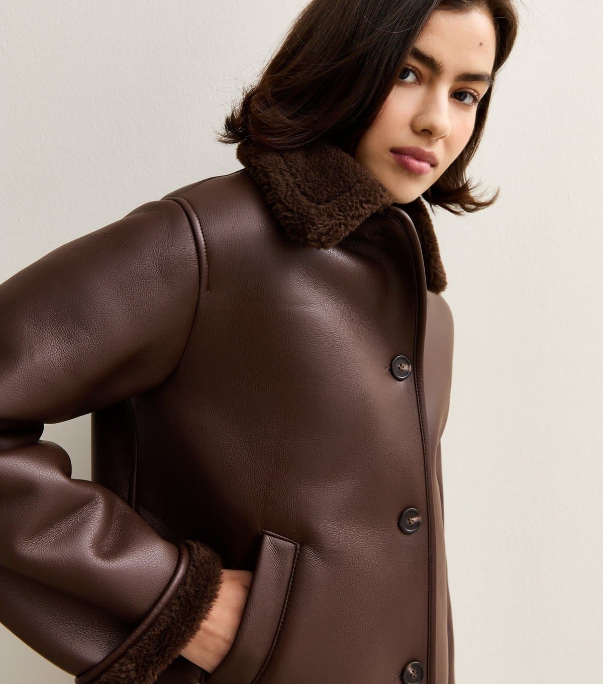 New Look Women's Dark Brown Faux Leather Borg Trim Jacket New Look