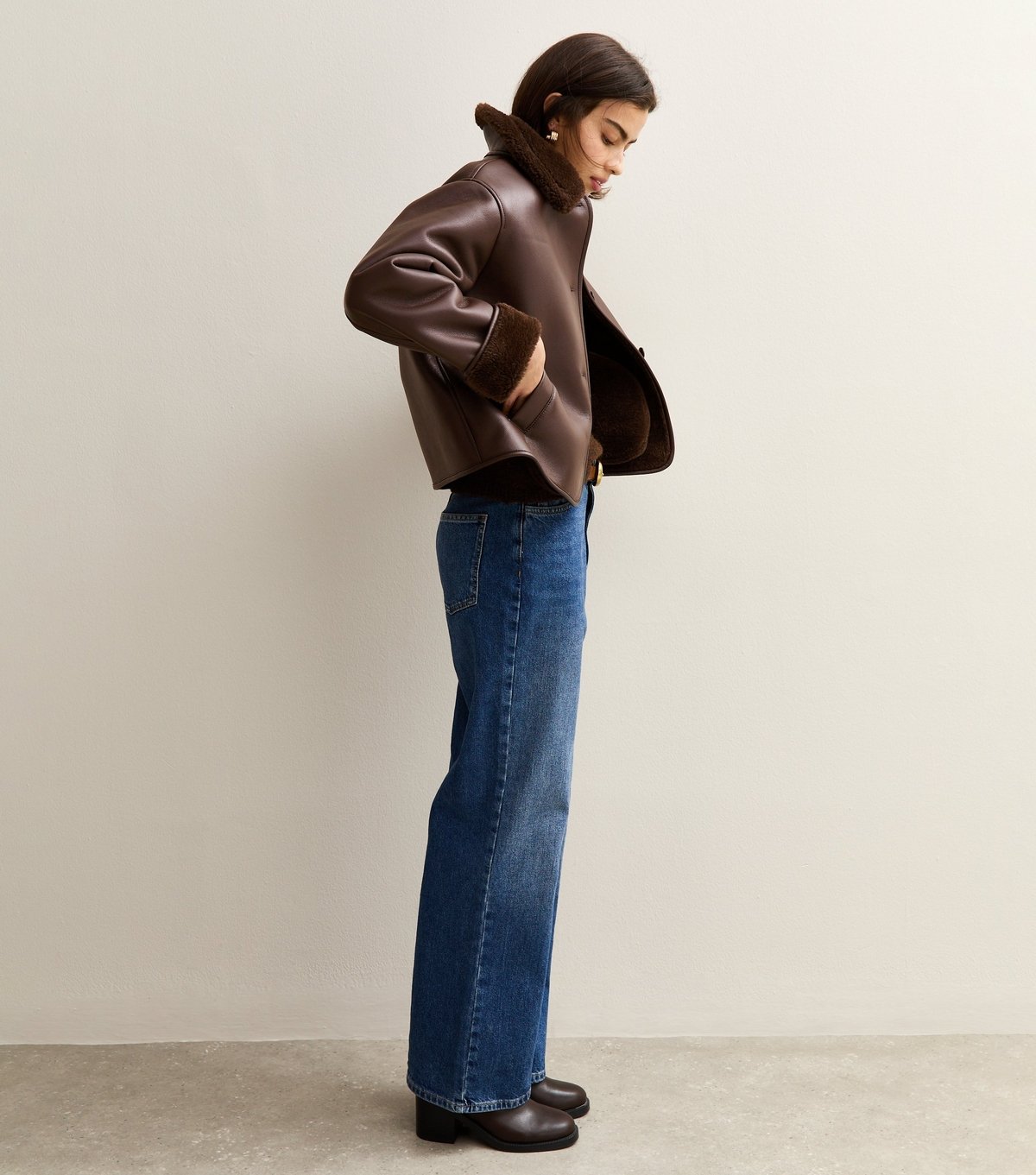 New Look Women's Dark Brown Faux Leather Borg Trim Jacket New Look - 3