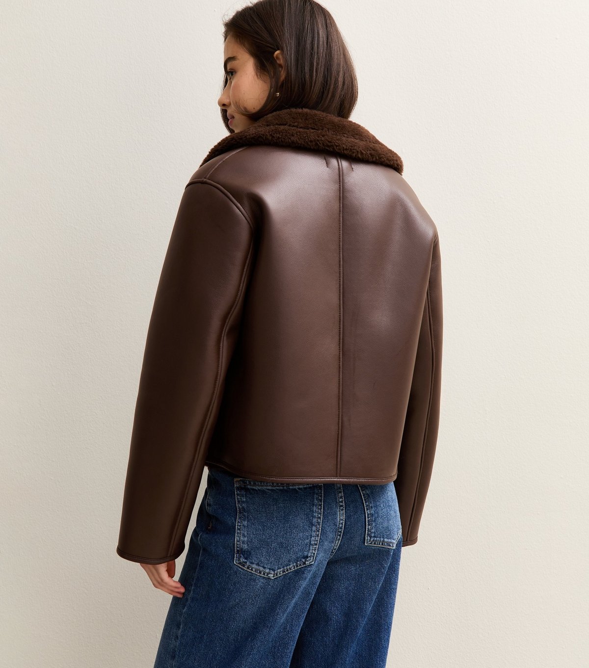 New Look Women's Dark Brown Faux Leather Borg Trim Jacket New Look - 4