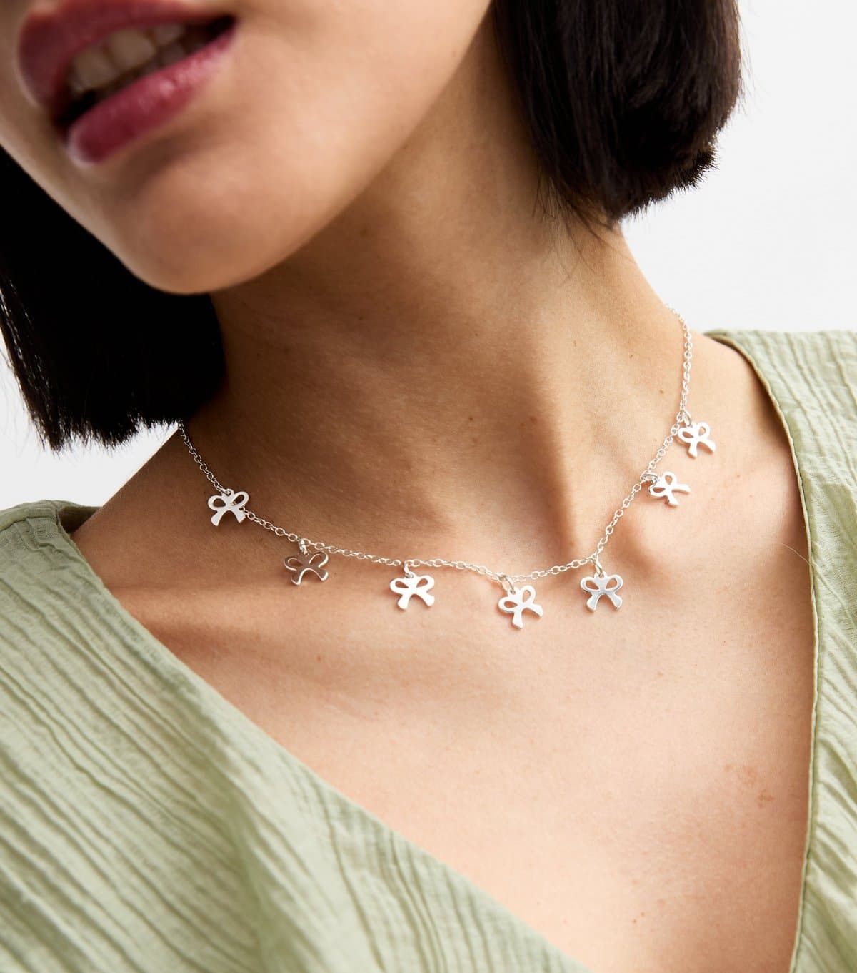 New Look Silver Tone Bow Charm Necklace New Look