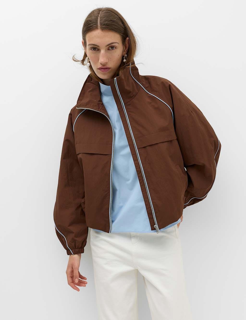 Marks & Spencer M&S Contrast Piped Funnel Neck Windbreaker Jacket Conker