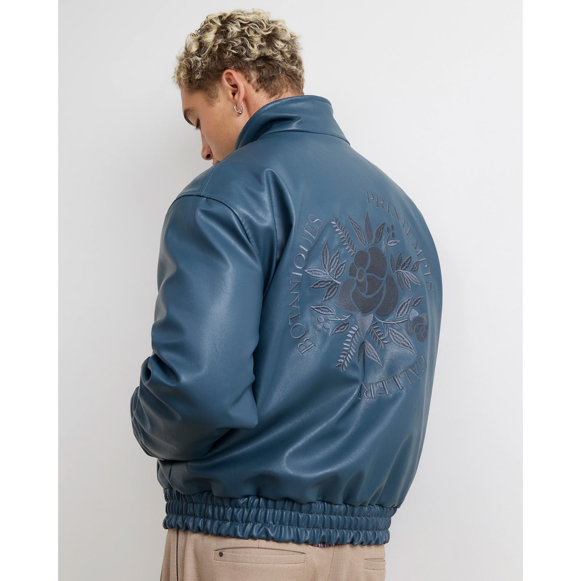 River Island Mens River Island Blue Faux Leather Embroidered Bomber Jacket