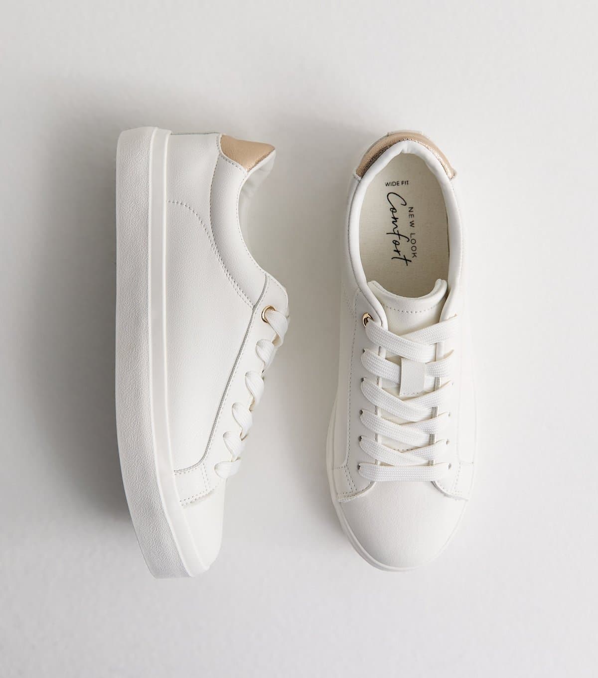 New Look Women's Wide Fit White Faux Leather Lace Up Trainers Vegan New Look