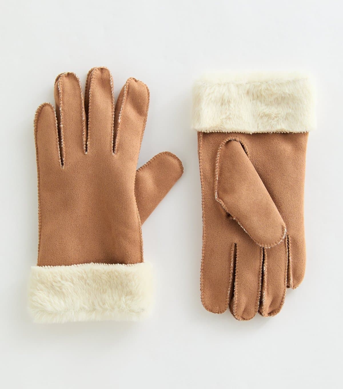 New Look Camel Faux Fur Trimmed Faux Suede Gloves New Look