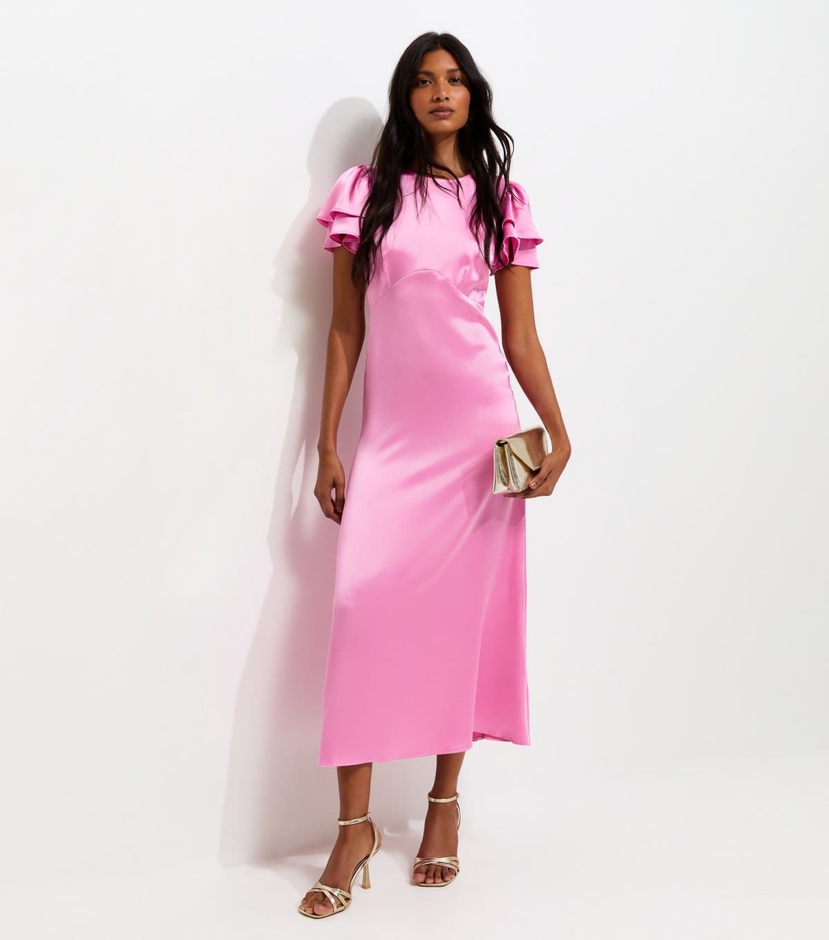 New Look Women's Bright Pink Satin Flutter Sleeve Midi Dress New Look