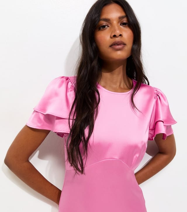 New Look Women's Bright Pink Satin Flutter Sleeve Midi Dress New Look - 2