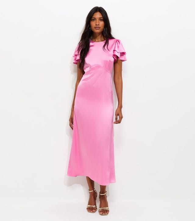 New Look Women's Bright Pink Satin Flutter Sleeve Midi Dress New Look - 3