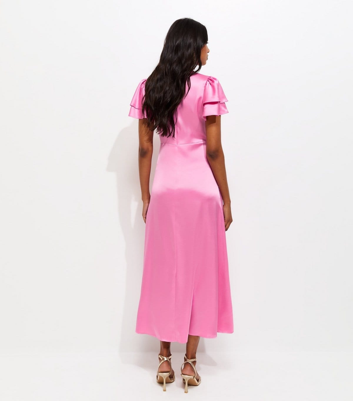 New Look Women's Bright Pink Satin Flutter Sleeve Midi Dress New Look - 4