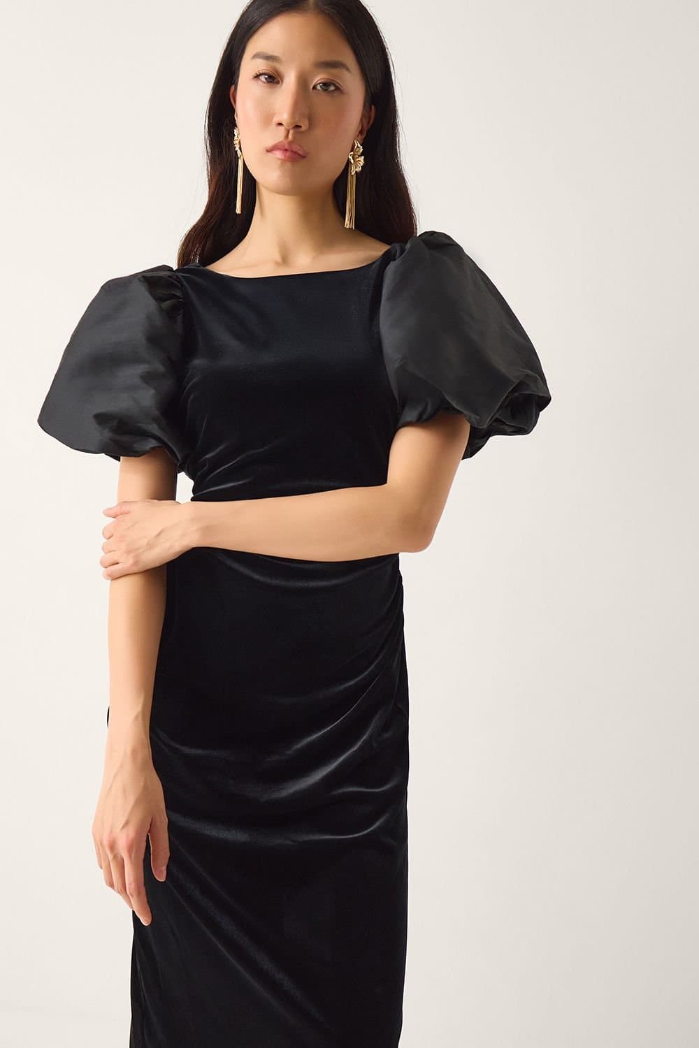 Monsoon Monsoon Women's Sadie Puff Sleeve Velvet Midi Dress Black