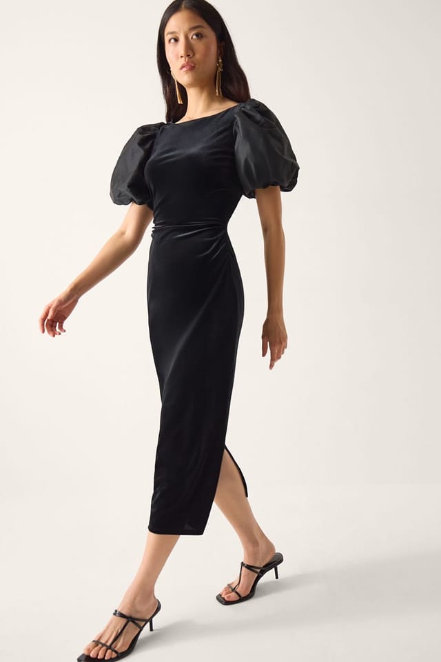 Monsoon Monsoon Women's Sadie Puff Sleeve Velvet Midi Dress Black - 3