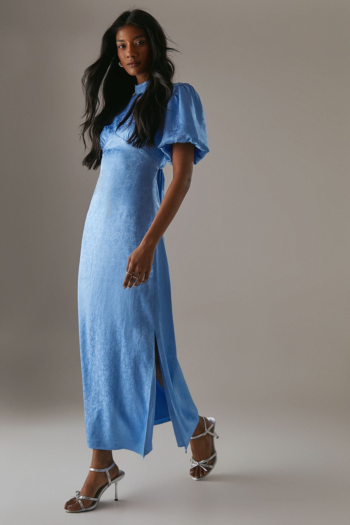 Warehouse Warehouse Women's Rose Satin Jacquard Puff Sleeve Tie Back Midi Dress in Blue - 3