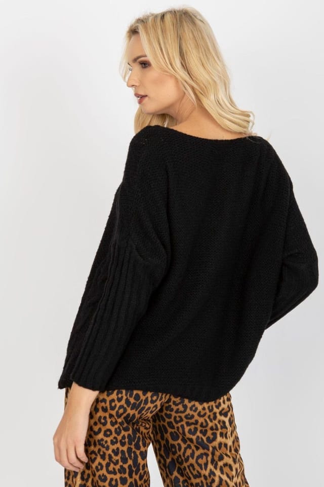 Love Lace Love Lace Women's Heart Neck Long Sleeve Sweater in Black - 3