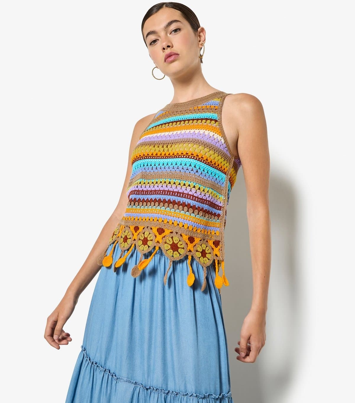 Apricot Women's Yellow Striped Tassel Hem Crochet Knit Top Apricot New Look