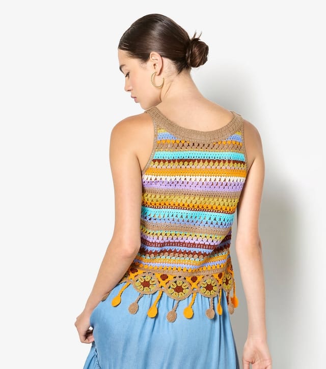 Apricot Women's Yellow Striped Tassel Hem Crochet Knit Top Apricot New Look - 2