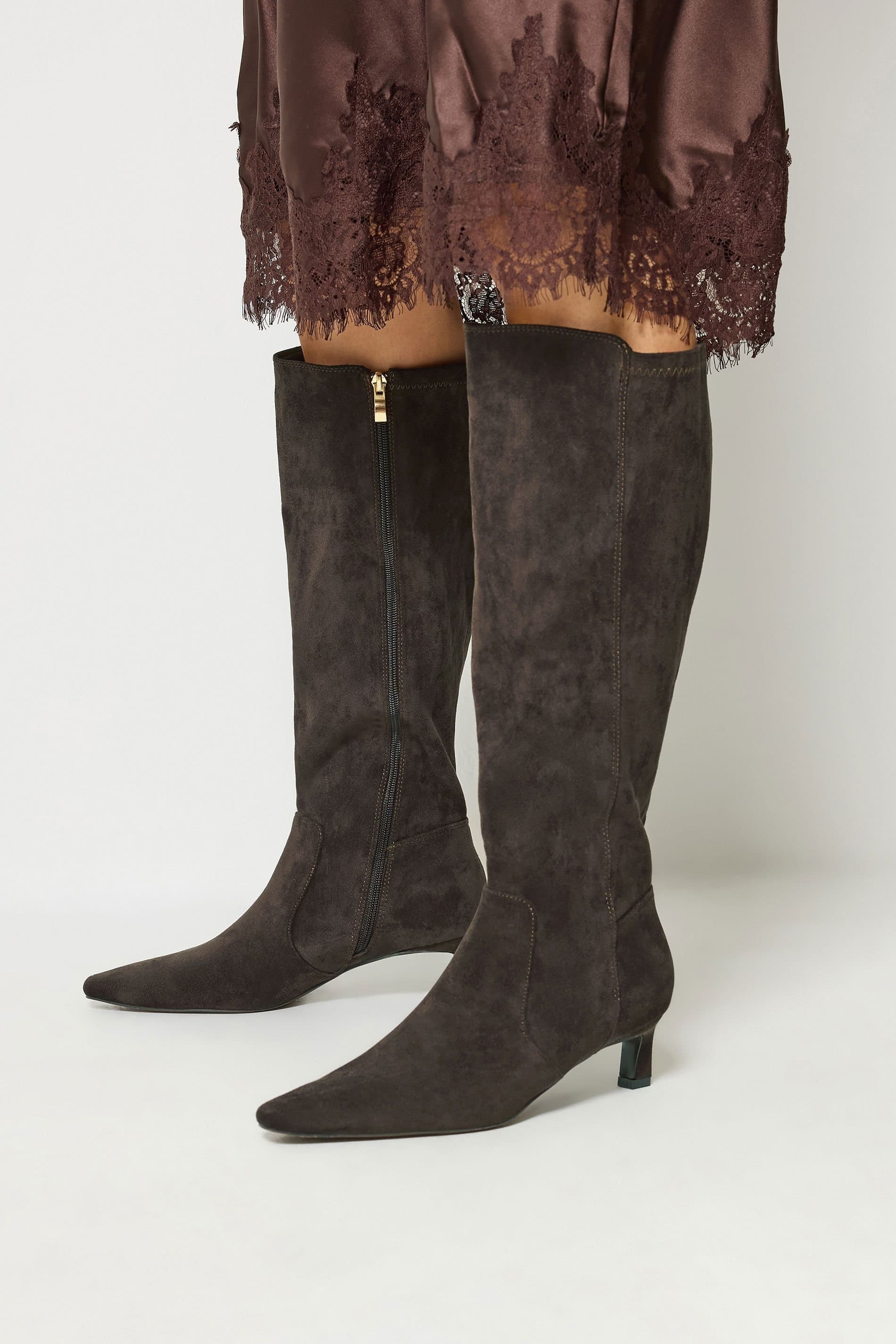 Long Tall Sally Long Tall Sally Women's Kitten Heel Knee High Boots In Standard Fit in Brown