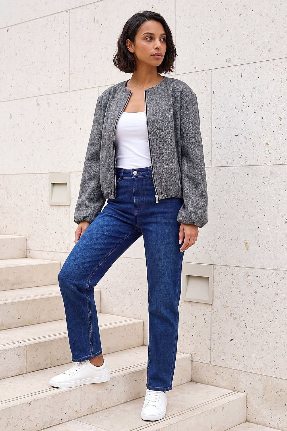 Dusk Dusk Women's Herringbone Bomber Jacket in Grey