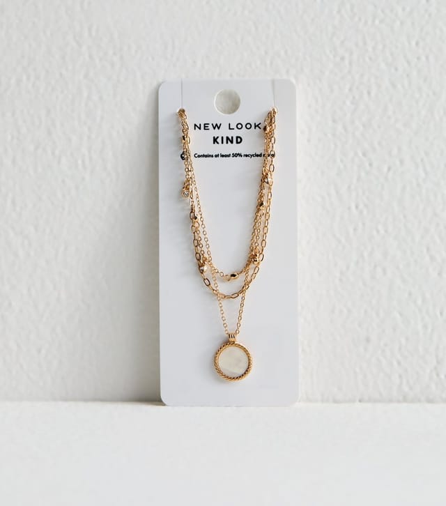 New Look Gold-Tone 3 Layer Multi Chain Faux Semi Precious Pendant Necklace New Look - 3