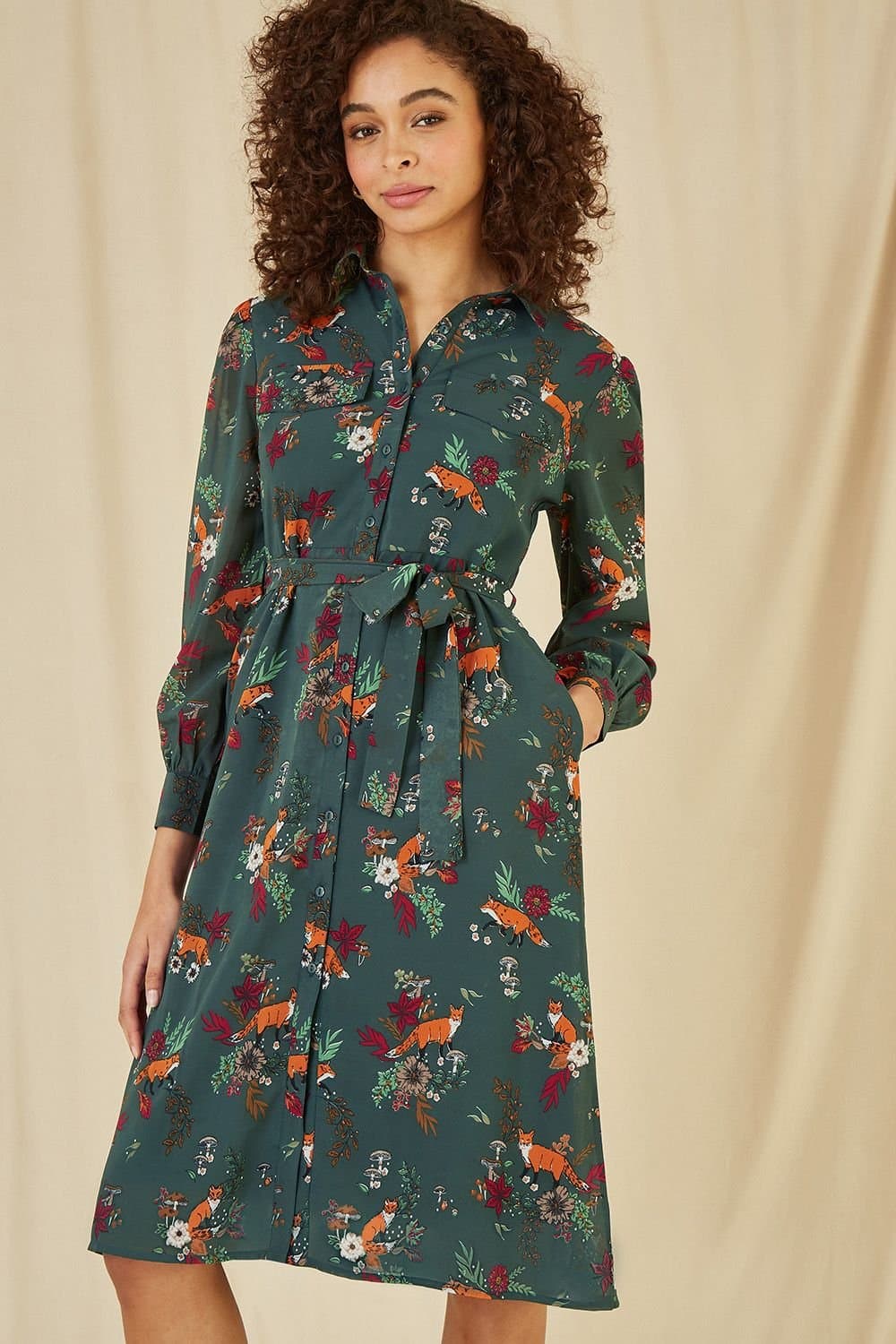 Yumi Yumi Women's Green Fox Print Shirt Midi Dress