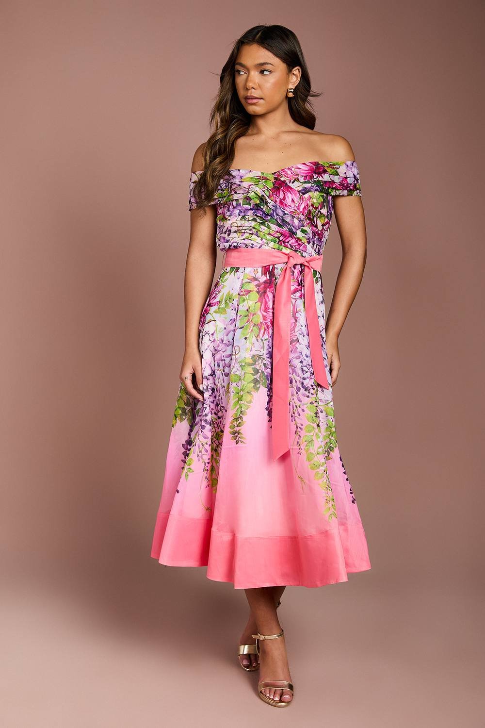 Coast Coast Women's Bardot Pleated Floral Printed Midi Dress in Pink - 2